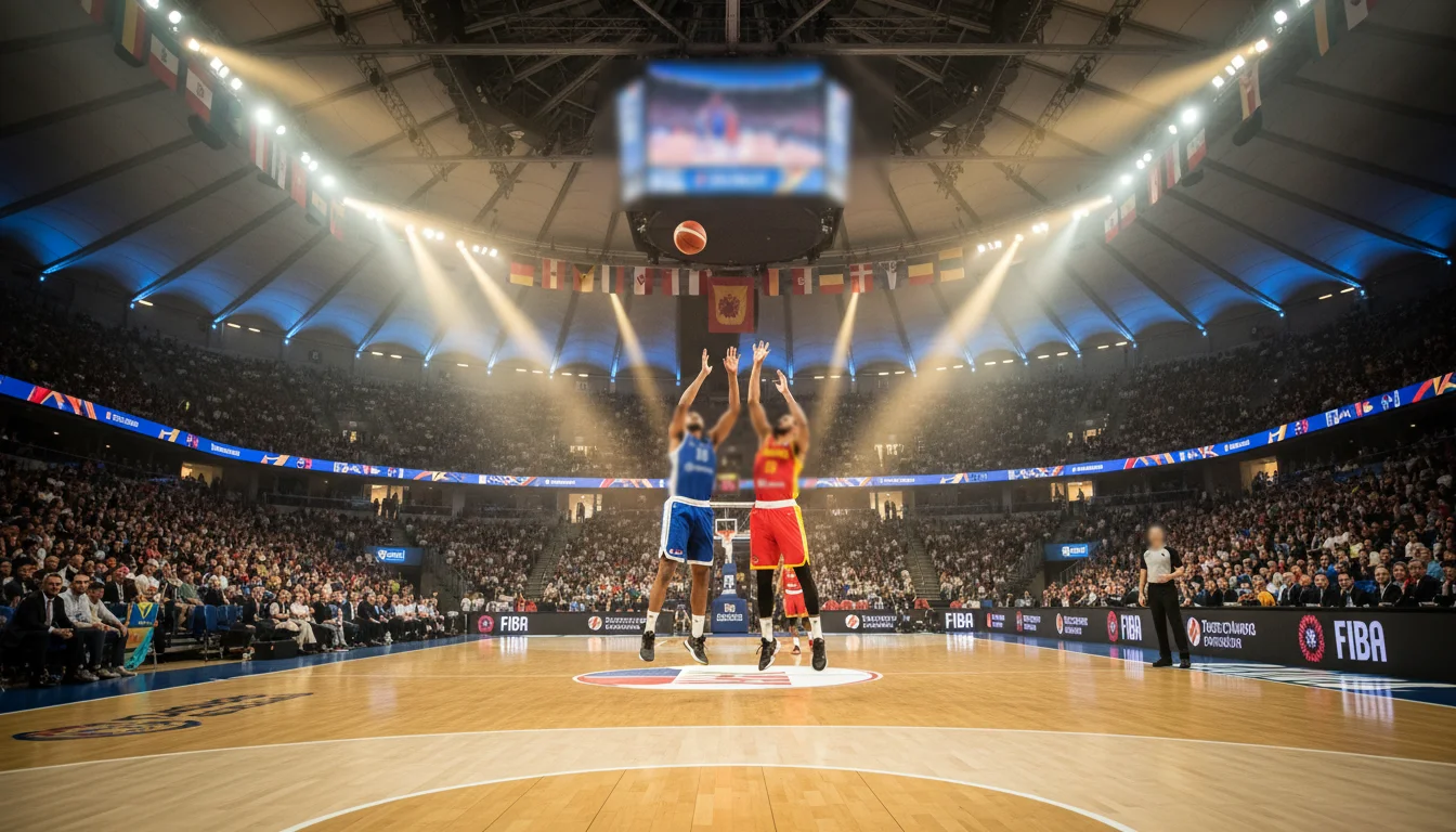 Basketball Europameisterschaft Wetten – EuroBasket Arena mit Spielern beim Sprungball