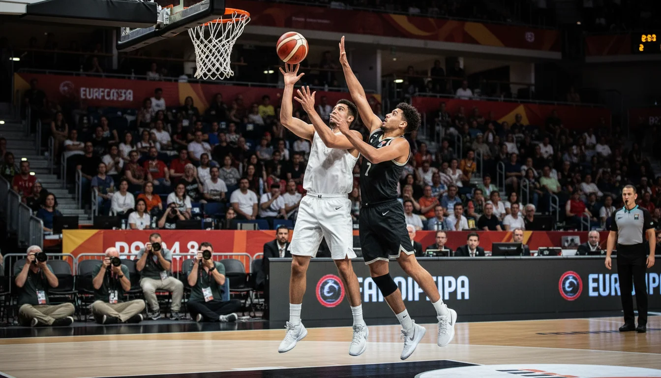 Basketball Livewetten Strategie – Spannende Spielszene unter dem Korb bei der EuroBasket