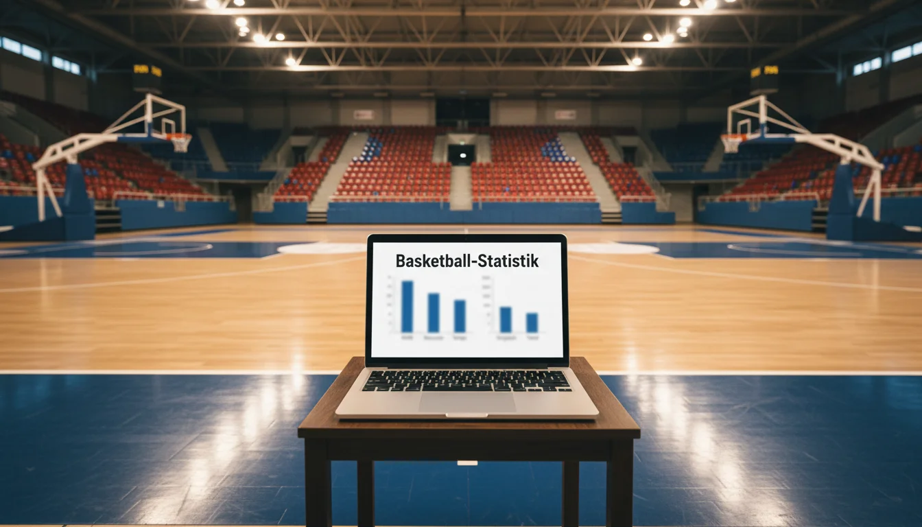 Basketball Statistiken Wetten – Laptop mit Spielstatistiken neben einem Basketballfeld