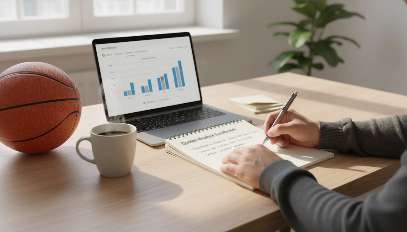 Basketball Wettarten Analyse – Person studiert Wettquoten und Statistiken auf einem Notizblock