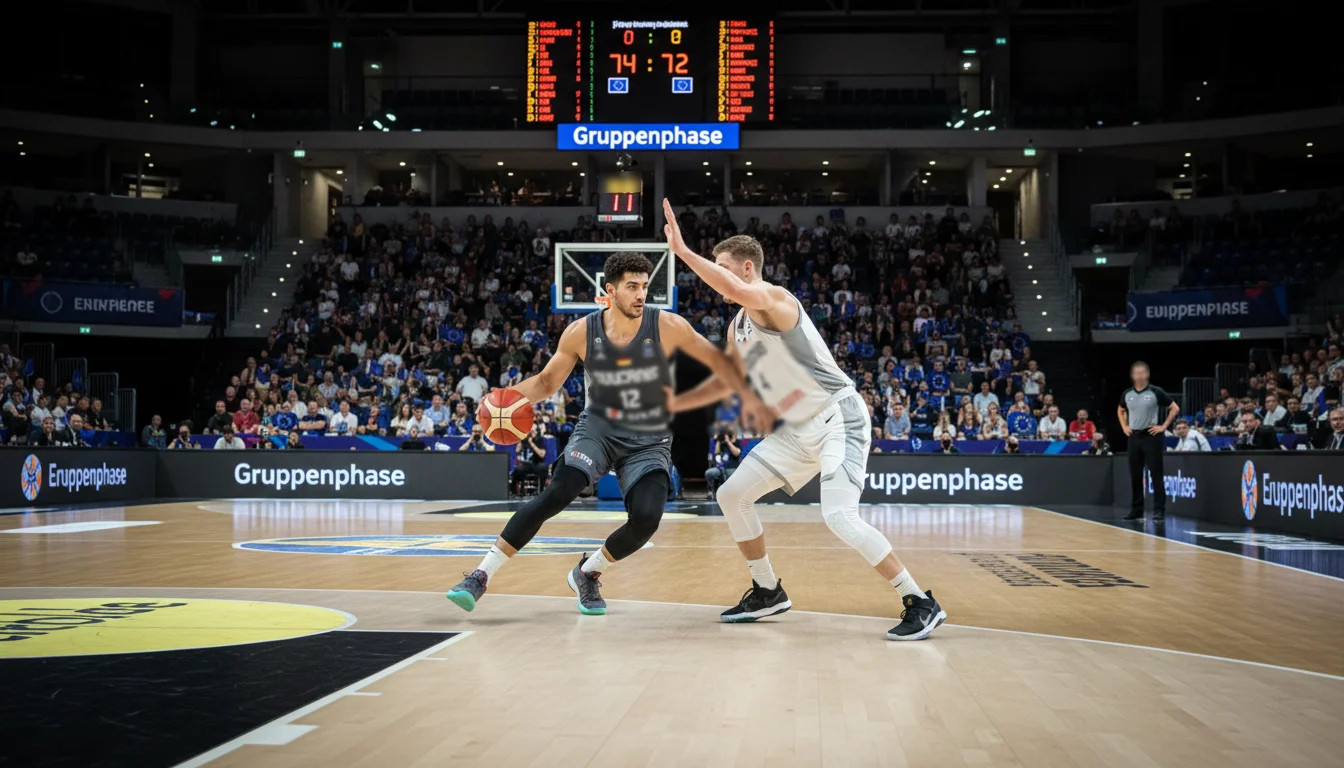 EuroBasket Gruppenphase – Basketballspieler auf einem FIBA-Spielfeld während eines Turnierspiels